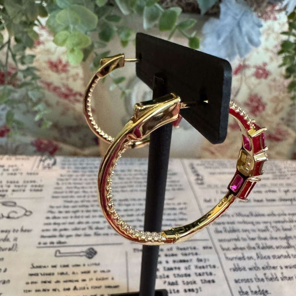 Stainless Steel Gold Hoop Earrings with Red Gem Accents - Picture 3 of 4